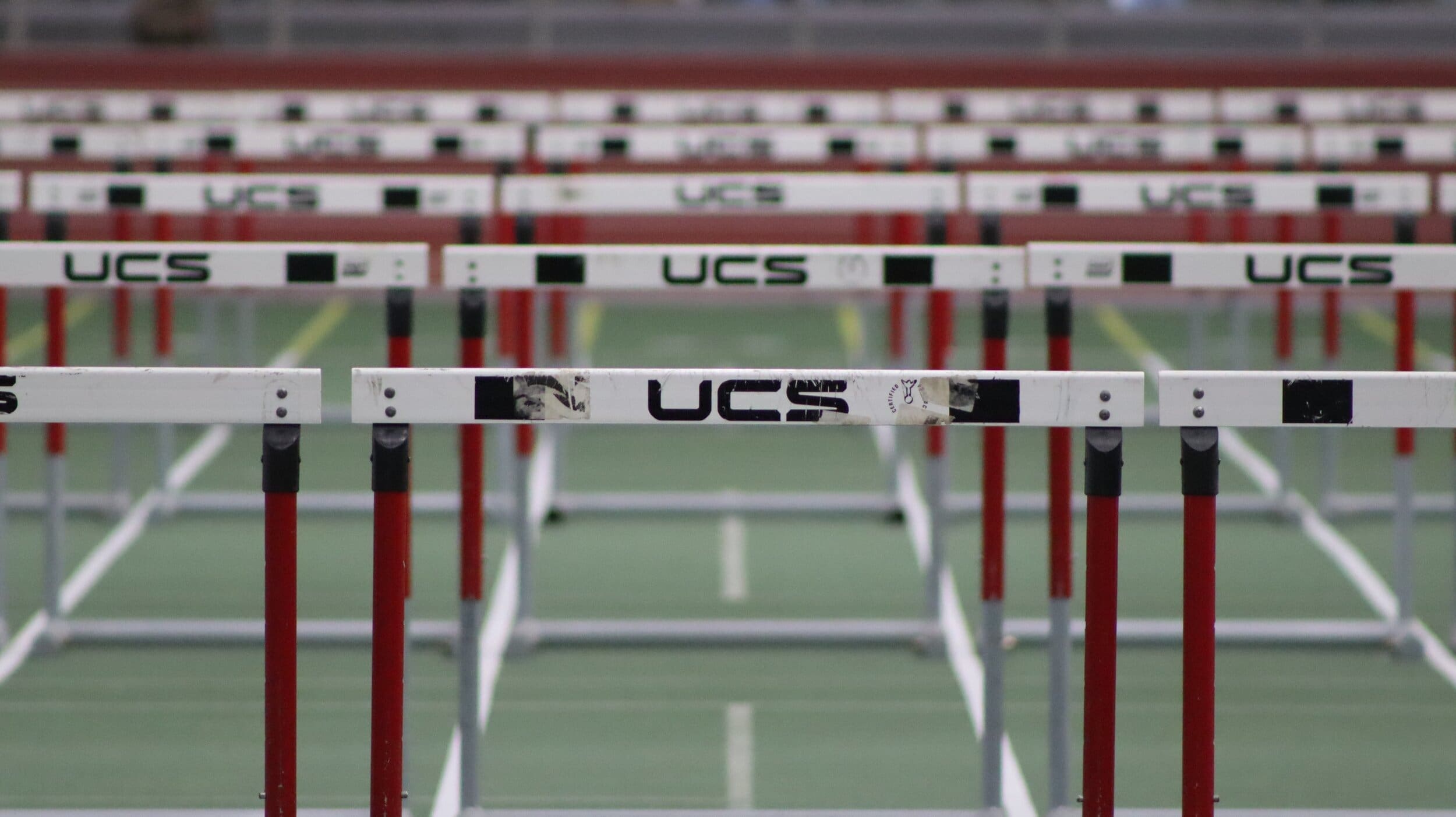 Close up image of jumping hurdles on a race track