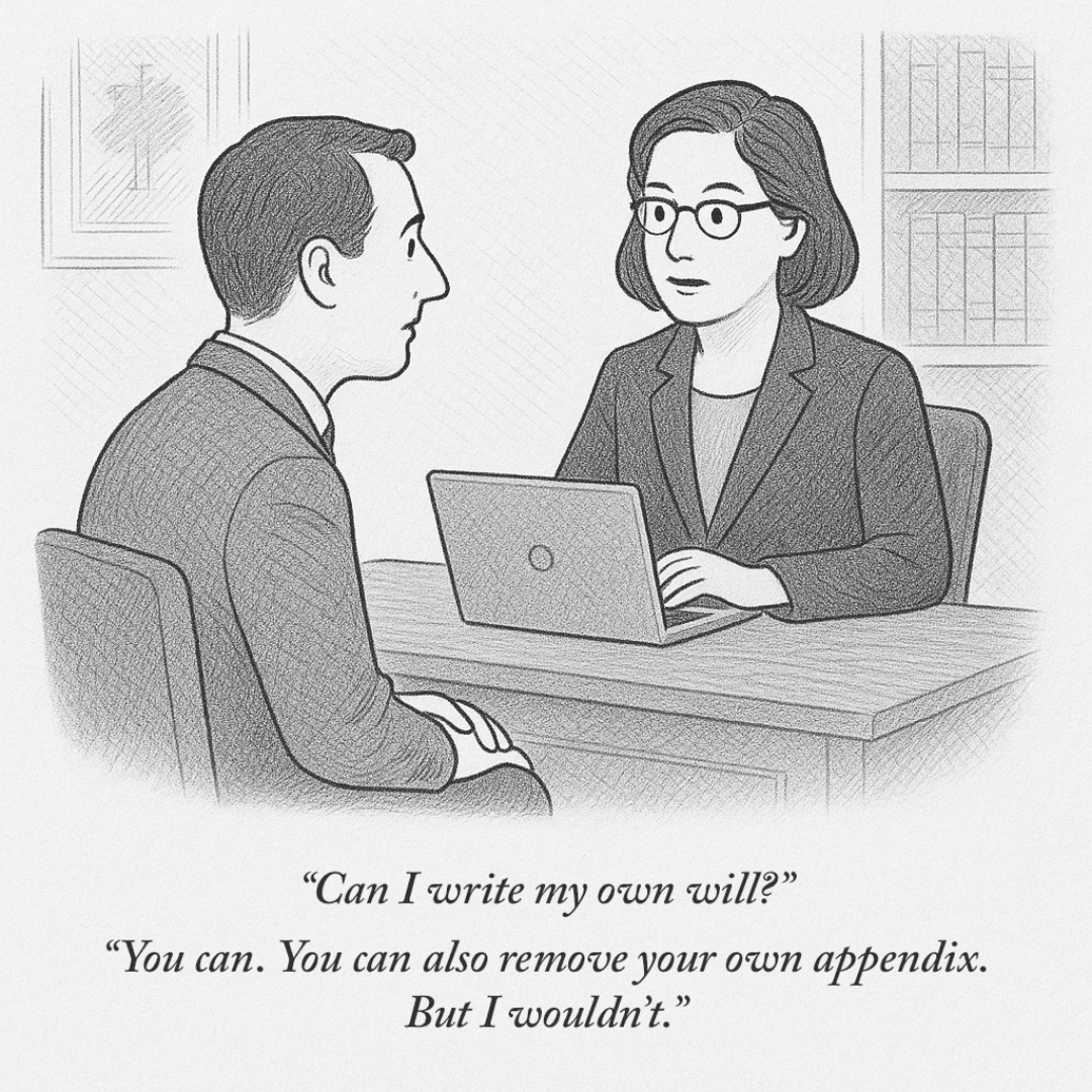 Image of a lawyer joke about writing a will. 