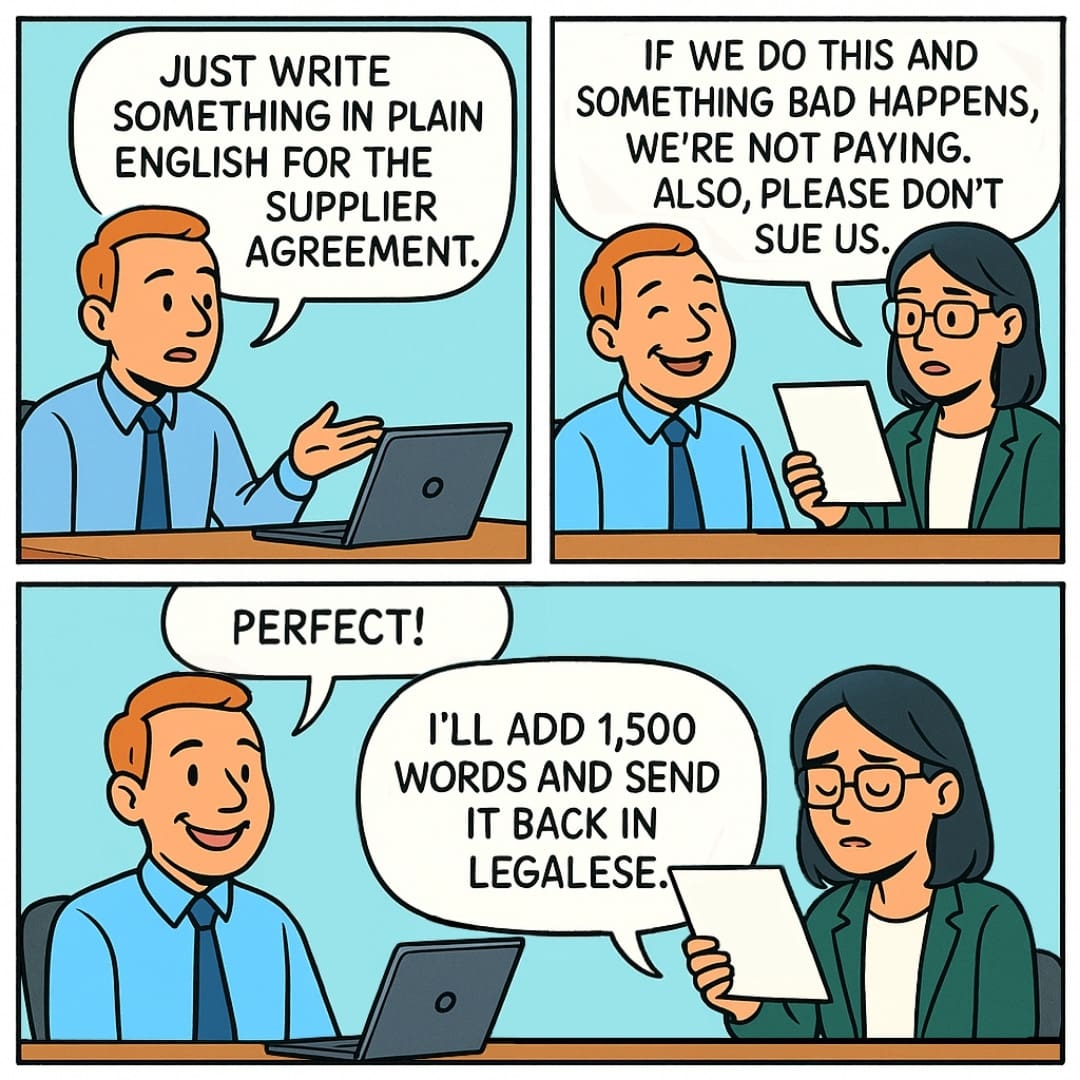 a comic style Lawyer joke about legal advice in plain english