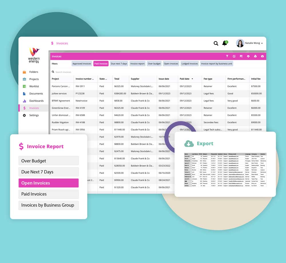 Dazychain in-house legal spend management solution showing expenses and invoice reports.
