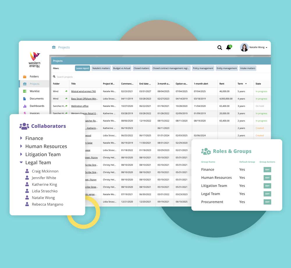 Screenshot of Dazychain Legal Vendor Management software with legal teams, terms and matter status.