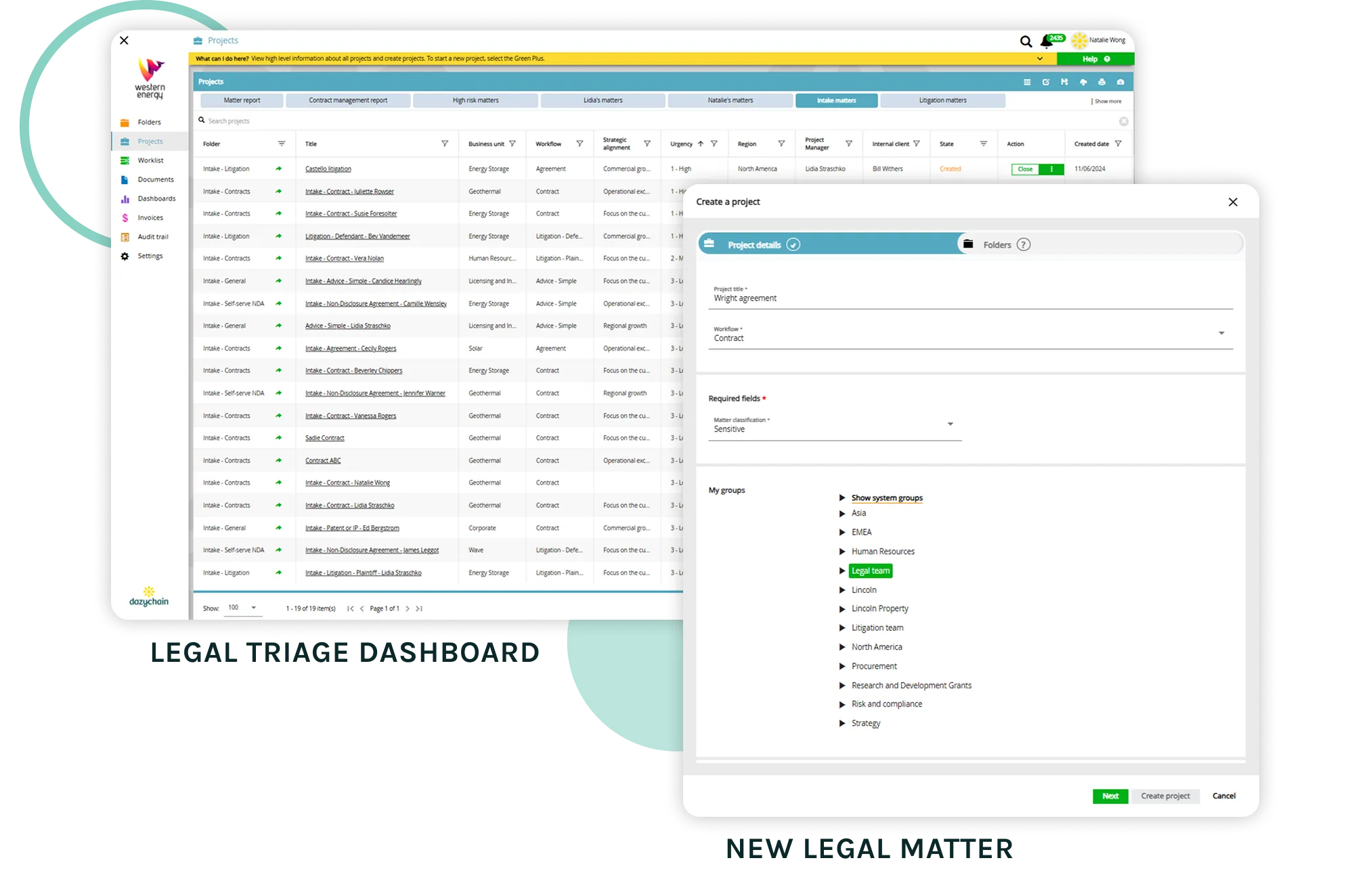 Legal triage dashboard and new legal matter screen