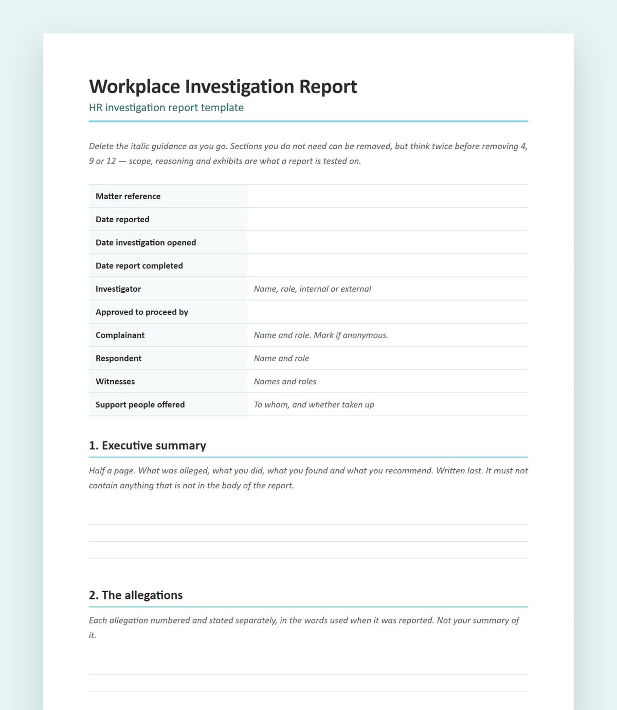 HR investigation report template, page one: the matter details table, executive summary and allegations sections of the workplace investigation report template